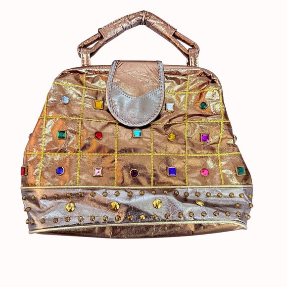 Vintage Baikal Gold Metallic Purse Retro Rhinestone Jewel Handbag Glam Party Bag - Picture 5 of 16